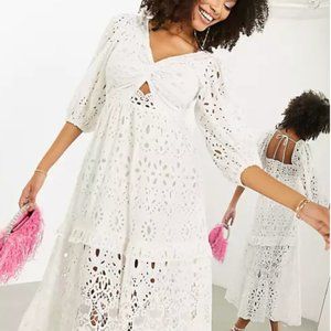 Eyelet twist front midi dress with puff sleeve